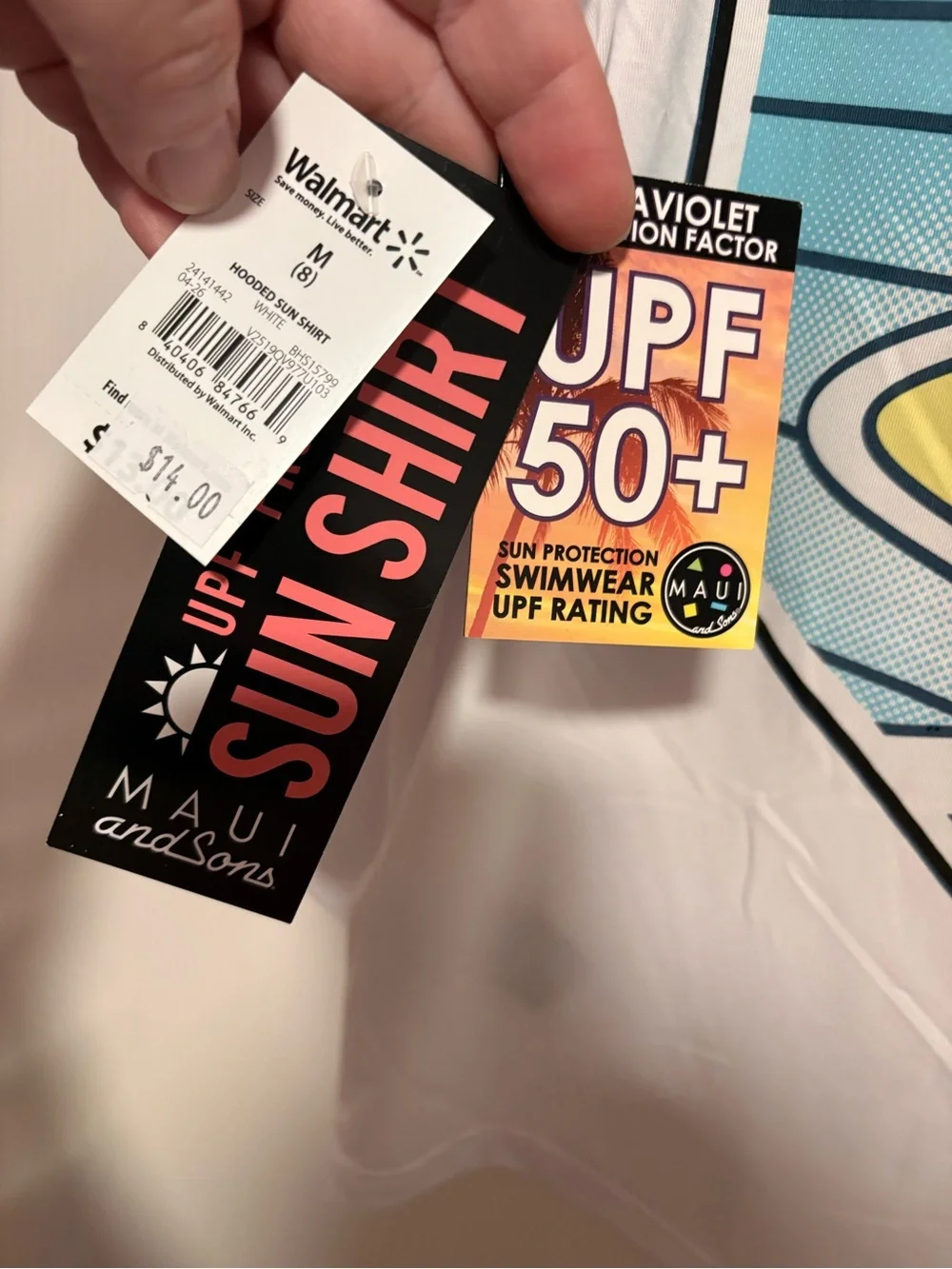 NWT Maui & Sons Sun/Rash Guard w Hood - White w Cool Print - size Medium
